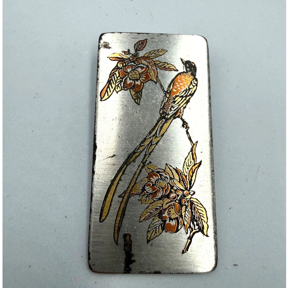 Reed & Barton Damascene Bird Floral Brooch Pendant Vintage Silver Tone Rectangle